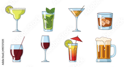 Drinks Vector Illustration Set of Various Popular Cocktails