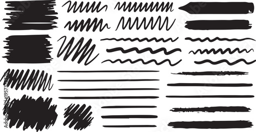 Hand-drawn sketch brush strokes and lines in various thicknesses and styles. Great for design accents, underline effects, and artistic text highlights