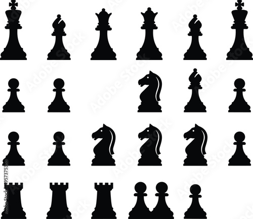 Chess, pieces, silhouettes, vector, set, black, strategy, game, board, king, queen, rook, bishop, knight, pawn, icons, isolated, collection, illustration, design