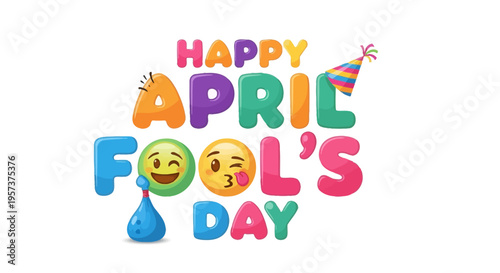 Vibrant happy april fool's day greeting with emoticons and party hat