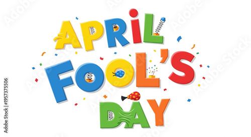 Vibrant april fools' day graphic with colorful text and confetti