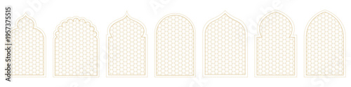 Islamic arch pattern border set. Ornamental geometric frames with elegant neutral tone design. Decorative vector elements for cultural, wedding, and luxury layouts.