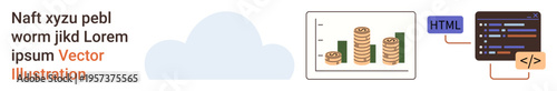 Business analytics, web coding, financial technology, programming, tech development, cloud solutions. Stacked coin graph, coding interface and cloud. Business analytics and web coding concepts