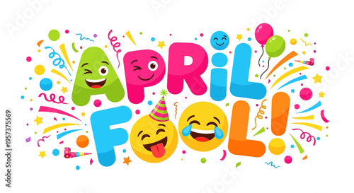 Colorful april fools day graphic with emojis and confetti