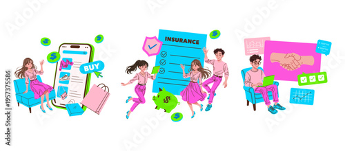 Online Shopping and Insurance Vector Illustration