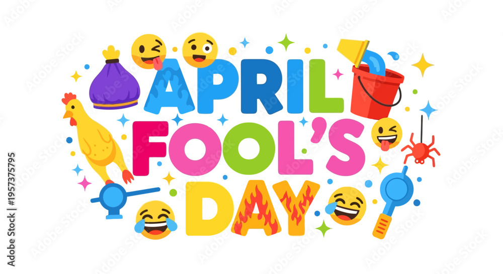 Fototapeta premium Vibrant april fools' day graphic with emoticons and party symbols