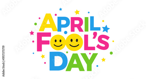 Vibrant april fools' day graphic with smiling emojis and colorful text