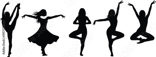 Dance, silhouettes, female, dancer, poses, ballet, contemporary, movement, graceful, elegant, performance, fitness, flexibility, art, motion, isolated, black, vector, illustration, set