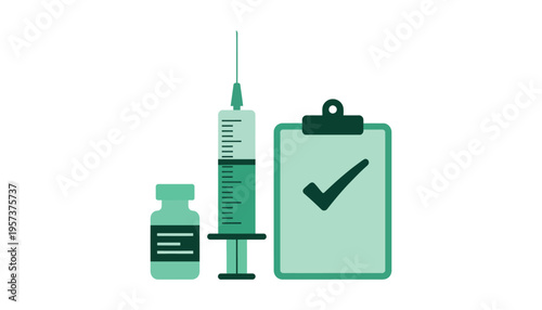 Vaccine vector icon set with syringe, bottle, and clipboard checklist