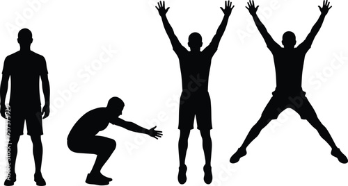exercise, silhouette, workout, jumping, squat, fitness, training, athlete, movement, strength, cardio, routine, active, healthy, bodyweight, motion, gym, lifestyle, endurance, activity
