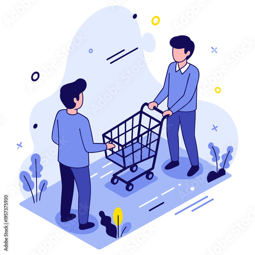 Two cartoon young adult caucasian males shopping with empty cart in minimalistic style