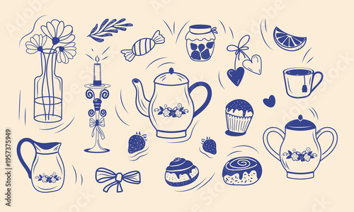 A flirty vintage set for a romantic tea party, hand-drawn in blue ink. Vector design.