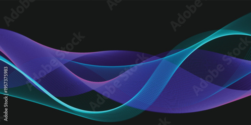 Abstract background with mysterious radiant neon cyan and purple dynamic flowing linear waves on black.