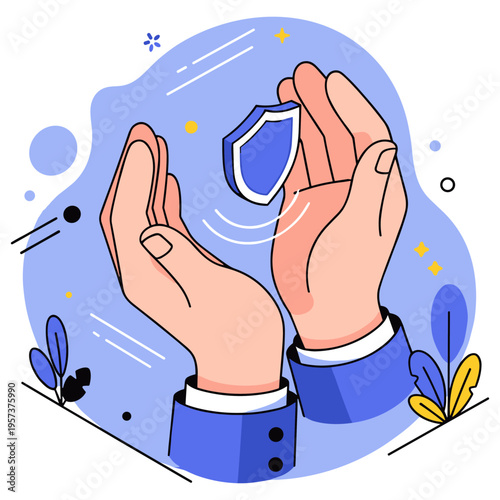 Protective hands guarding blue shield in modern abstract design