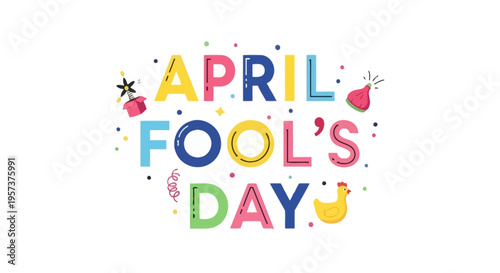 Vibrant april fools' day graphic with colorful text and whimsical decorations