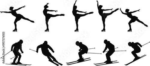 figure skating, skiing, winter sports, silhouette, athlete, ice skating, snow skiing, motion, action, balance, speed, sport, performance, fitness, outdoor, activity, dynamic.