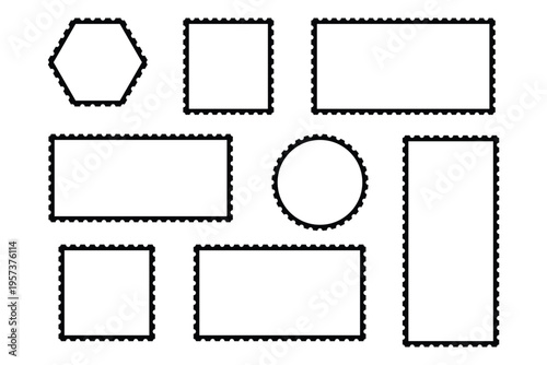 Postal Stamp Border Templates, Perforated Frame Shapes Vector Collection. Empty geometric frames with wavy edges.eps10