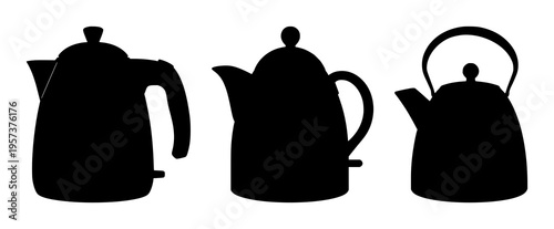 Kettle boiling silhouette set with dynamic steam swirl background featuring steaming kettle, abstract steam, silhouette illustration with black and white line art and minimalistic design