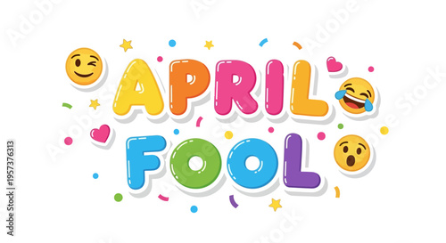 Colorful april fools day graphic with emojis and confetti