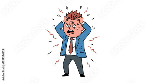 A stressed businessman in a blue suit having a nervous breakdown