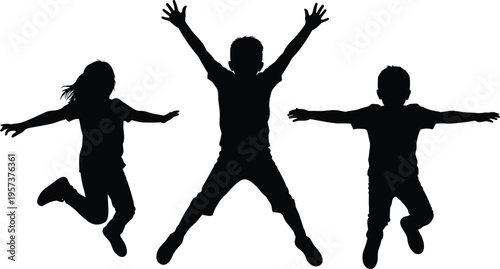 Three children silhouettes jumping and raising arms in joy kids