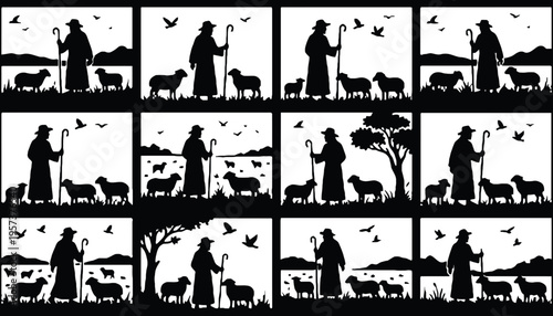 Shepherd silhouette vector illustration set with sheep and landscape