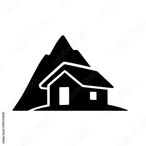 Mountain hut cabin black white icon 