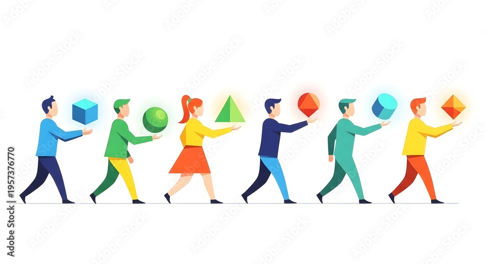 Fototapeta premium People passing colorful geometric shapes to each other in a line, representing teamwork and collaboration.