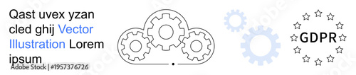 Data security, privacy laws, compliance management, digital protection, European regulations, information systems. Gears and GDPR text surrounded by stars. Data security and privacy laws concept