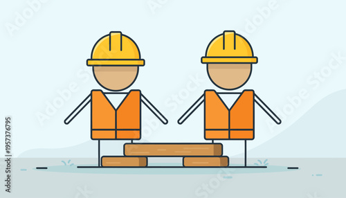 Two construction workers in hard hats and safety vests stand side-by-side with bricks in front of them, representing teamwork and building industry