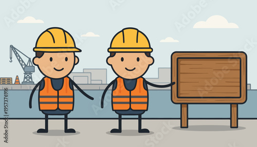 Friendly cartoon construction workers in hard hats and safety vests presenting a blank wooden sign for important project announcements or safety messages at a busy industrial harbor setting