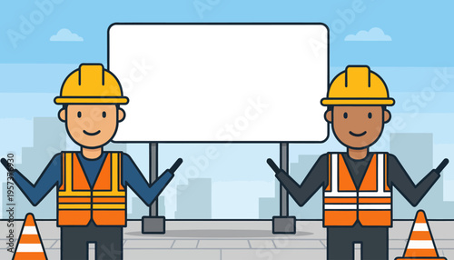 Two construction workers in safety vests and hard hats stand on a sidewalk, gesturing towards a blank billboard with traffic cones nearby, suggesting a construction announcement or advertisement
