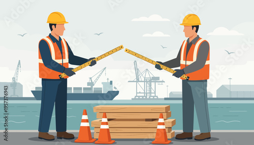 Dedicated construction workers demonstrating teamwork and precision while meticulously measuring wood planks, symbolizing efficient project planning and development at a busy industrial harbor