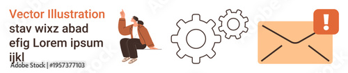 Business workflows, teamwork, email alerts, communication systems, notifications, productivity. Image features a person sitting, gear icons and an email with a red notification. Business workflows