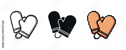 Collection of mittens in line art, solid, and pixel-art styles