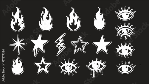 Set of silhouette flame and fire in vintage style. Hand drawn engraved monochrome bonfire sketch. 