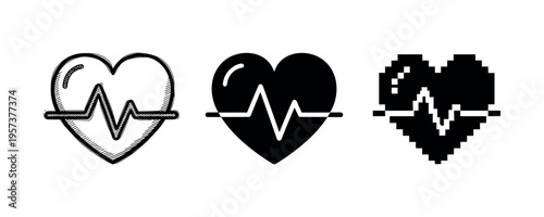 Heart icons: sketch, solid, and pixel art with ekg line