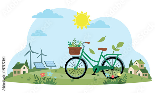 Green bicycle with a flower basket against a background of wind turbines and solar panels. Eco-friendly transport and ecology for Earth Day.