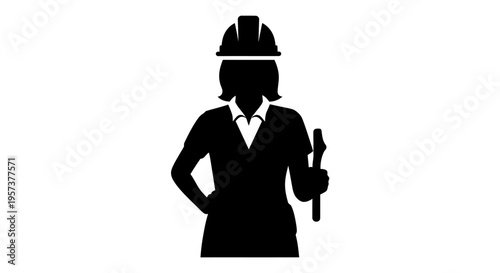 Professional female engineer holding blueprint, isolated white background.