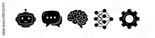 Artificial intelligence icon set featuring a robot head, chatbot, digital brain, neural network, and gear. Black minimalist vector symbols for machine learning and technology concepts.