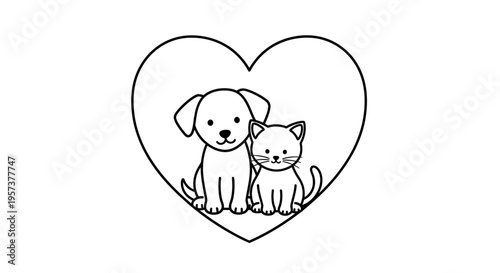 Adorable Dog and Cat Sitting Together Inside a Heart Outline, isolated white background