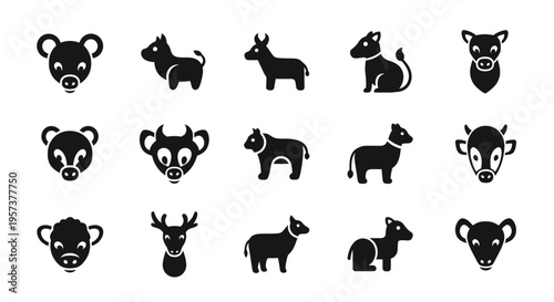 Set of Various Cute Animal Icons Collection in Solid Black, isolated white background
