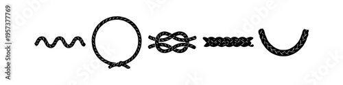 Set of black silhouettes featuring a wavy rope, circular rope frame, classic knot, and braided elements. Perfect for nautical themes, maritime crafts, or hair styling graphic design projects.