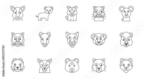 Set of Various Cute Animal Heads Line Art Icons Collection, isolated white background