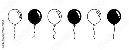 Black and white balloon icon set with six simple shapes in a row