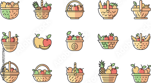 Fruit basket vector illustration set with assorted fresh produce, hand drawn market hamper collection, healthy food elements isolated on white background.