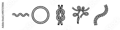 Set of hand-drawn nautical rope illustrations, including knots, a circular frame, and braided strands. Minimalist black line art isolated on white background for marine and coastal design projects.
