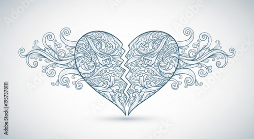 Broken heart with intricate floral patterns and swirls on white background symbolizing love loss and heartbreak