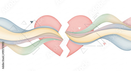 Broken heart with colorful wavy lines and geometric shapes on white background symbolizing love separation and emotional distress