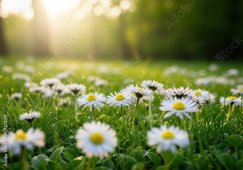 A field of white daisies on a sunny day with green grass